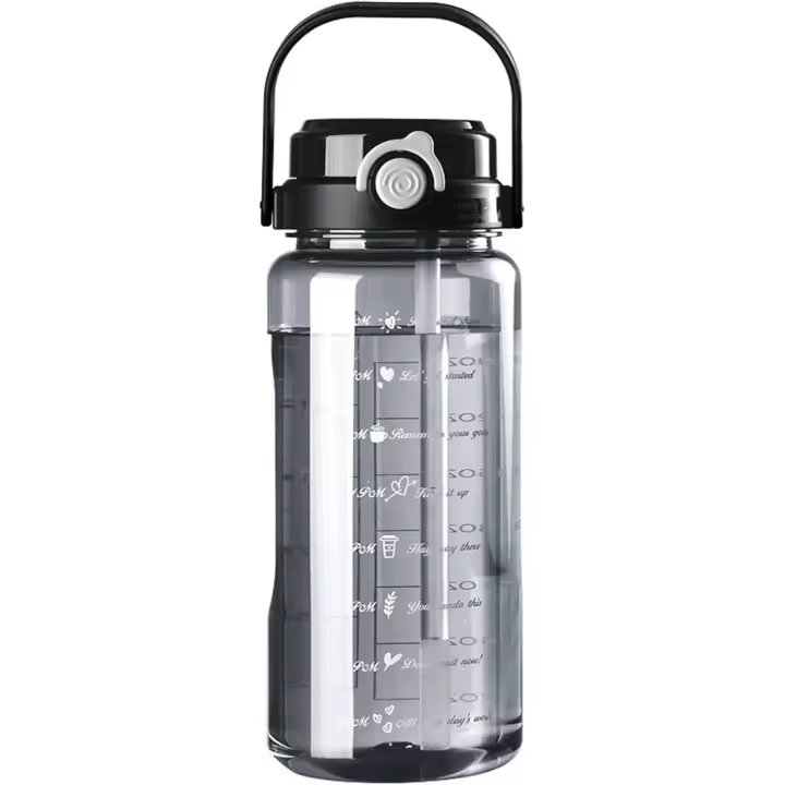 Botella de agua de plástico con pajita, 2 L (64 oz), reutilizable, a prueba de fugas, con marcador de tiempo (negro) - 1
