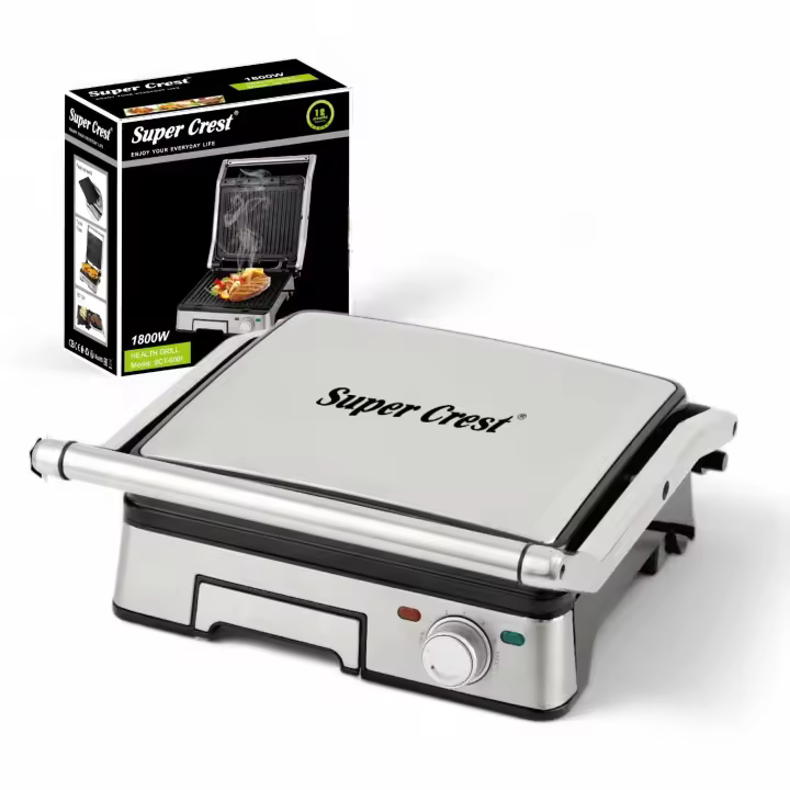Super Crest - Parrilla Eléctrica 1800W Revestimiento Antiadherente. Regulador Temperatura LED. Obertura 180º. Placas Adaptables. Gran superfície 29×46cm. Grill Acero Inoxidable.Libre PFOA - 1