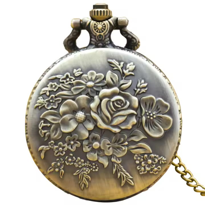 Collar De Cuentas De Carrusel Vintage De Bronce Con Flor Grabada Reloj De Bolsillo De Cuarzo Joyería Moda Para Damas Regalo - 1