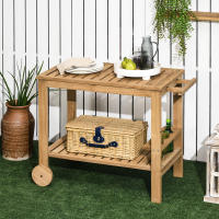 Outsunny Carrito de Madera de Bar Carro de Servicio de 2 Niveles con Asa Lateral 3 Portabotellas y 2 Ruedas para Jardín Patio Terraza 95x47x74 cm Natural - details 1