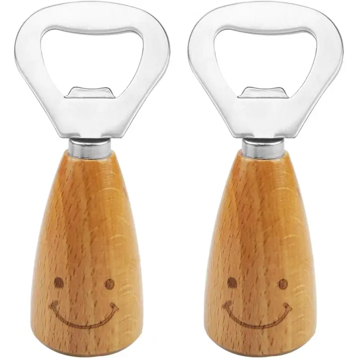 【 2 Piezas】 Abrebotellas, Quitachapas, Abrebotellas Metalicas con Mango de Madera, Carita Sonrisa Abre Botellas, Abridor Cerveza para Bar, Hogar, Cocina, Fiesta - 1