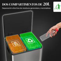 HOMCOM Cubo de Basura de Cocina con 2 Compartimentos 2x20L/2x30L Papelera de Cocina de Acero Inoxidable con Pedal Tapa de Cierre Suave y Cubo Extraíble para Dormitorio Oficina Salón Plata - details 0