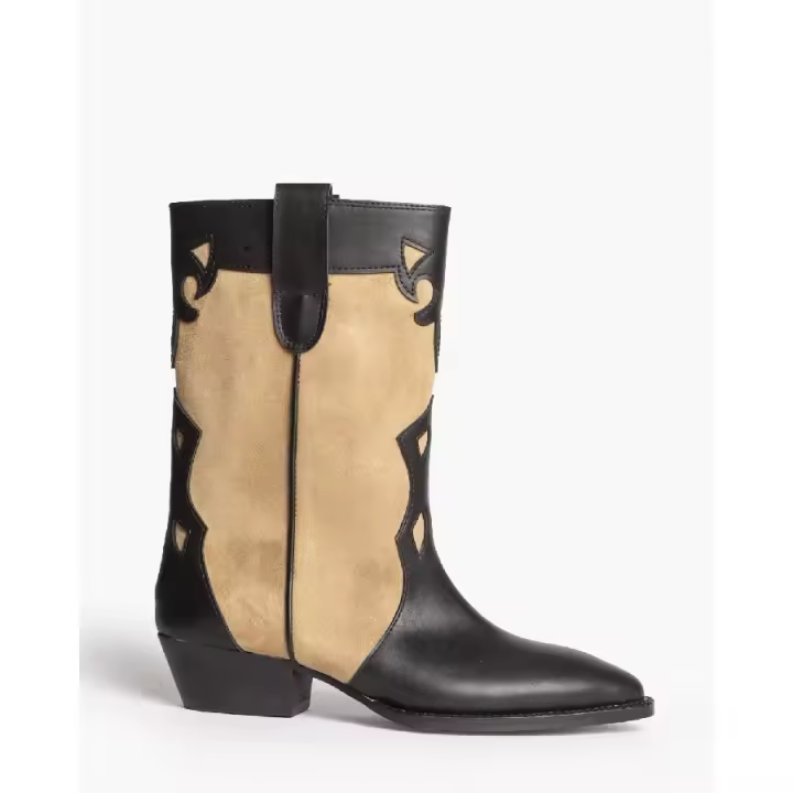 Corina Bota Cowboy Bicolor, Bota Campera Midi, Bota Contraste Negro Beige - 1