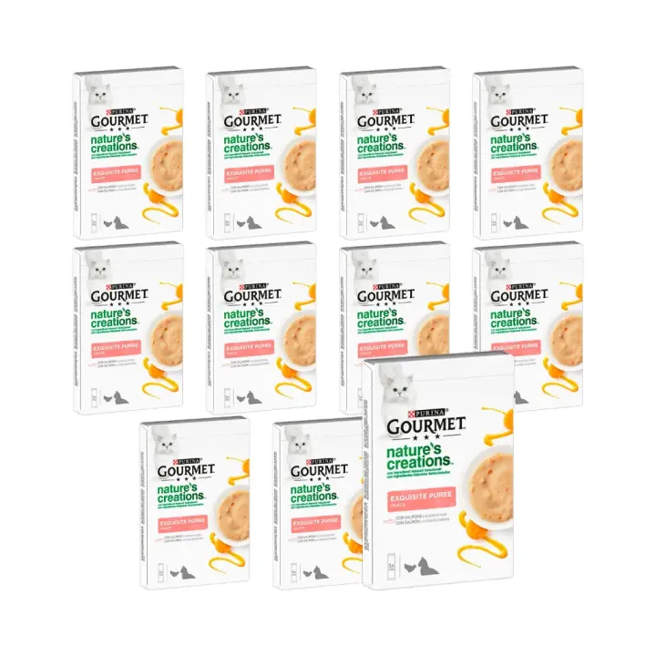 GOURMET - Nature´s Creations (55x10 gr) - Exquisito Snack en Puré liquido con Salmón y Zanahoria (11 Cajas de 5x10 gr) - 1