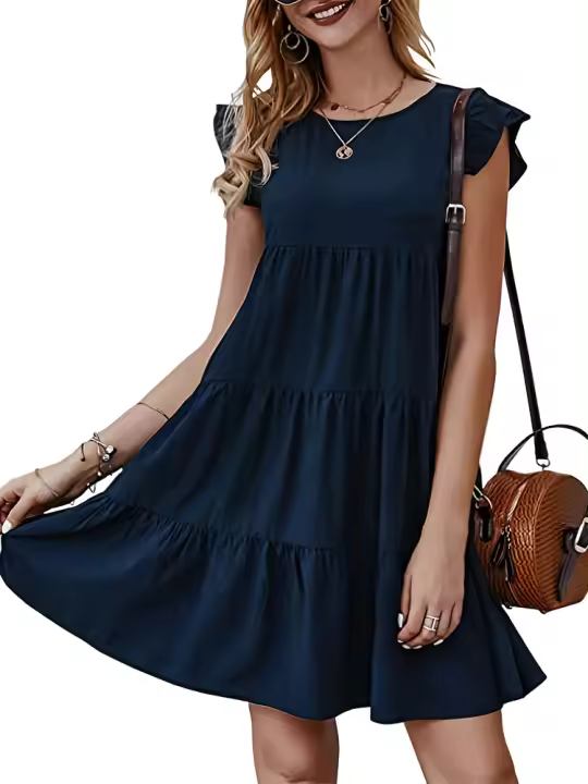 Vestido Mini Elegante Para Mujer Con Volantes Estilo Harajuku Casual Sin Mangas Cuello Redondo A-Line Vintage Para Playa Y Fiestas - 1
