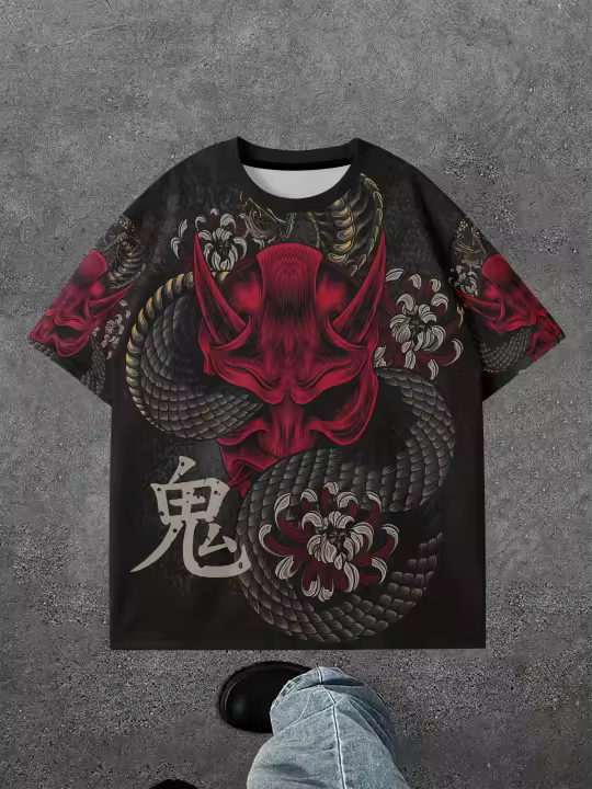 Camiseta De Hombre Con Diseño De Dragón Rojo Y Negro Estilo Tattoo Cuello Redondo Manga Corta Casual Para Verano - 1