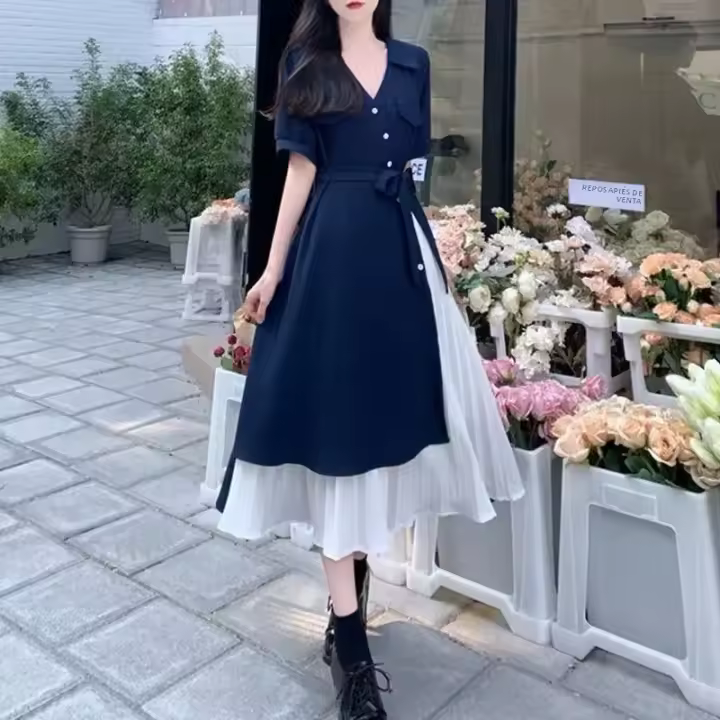 Vestido Midi De Verano Casual Para Mujer 2024 Chiffon Elegante A-Line Cuello V Manga Corta Dongdaemun Estilo Y2k Sin Decoración - 1