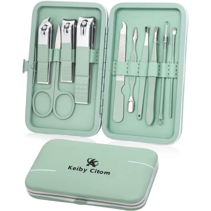 Juego de manicura, 10 piezas, cortaúñas profesional, herramientas para el cuidado de la pedicura, herramientas de aseo de acero inoxidable para viajes (verde) - 1