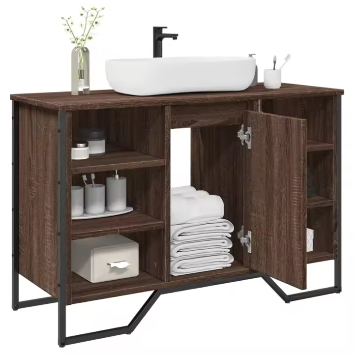 vidaXL Armario de lavabo de baño madera ingeniería 91x35x60 cm en color Negro/Roble ahumado/Marrón roble y más | almacenamiento funcional diseño moderno para baño dormitorio sala - 1