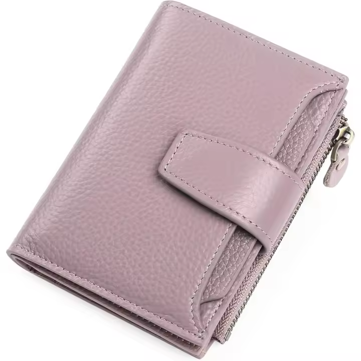 Cartera de piel auténtica para mujer, tamaño compacto, bloqueo RFID, 14 ranuras, color violeta claro - 1
