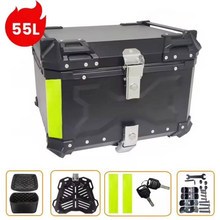 Baúl para moto, impermeable, de aleación de aluminio con cierre de seguridad, 55 litros, color negro - 1