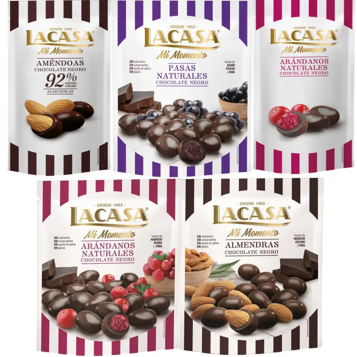 Lacasa Mi Momento pack de 5:Arándano Chocolate Negro ,Almendra 92% ,Arándano Chocolate Negro ,Pasas Chocolate Negro ,Almendra Chocolate Negro - 1