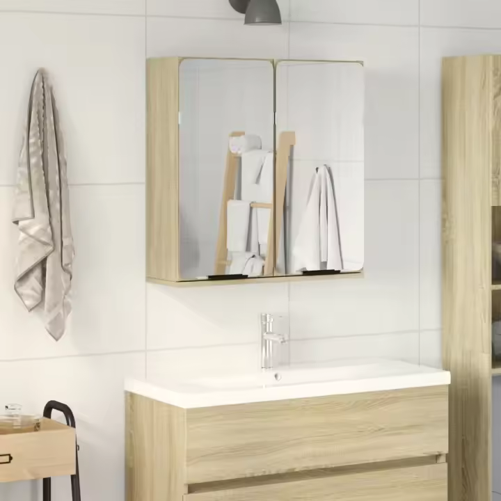 vidaXL Armario de baño con espejo color 64x20x67 cm en color Roble ahumado/Roble Sonoma/Marrón roble y más | almacenamiento funcional diseño moderno para baño dormitorio sala - 1