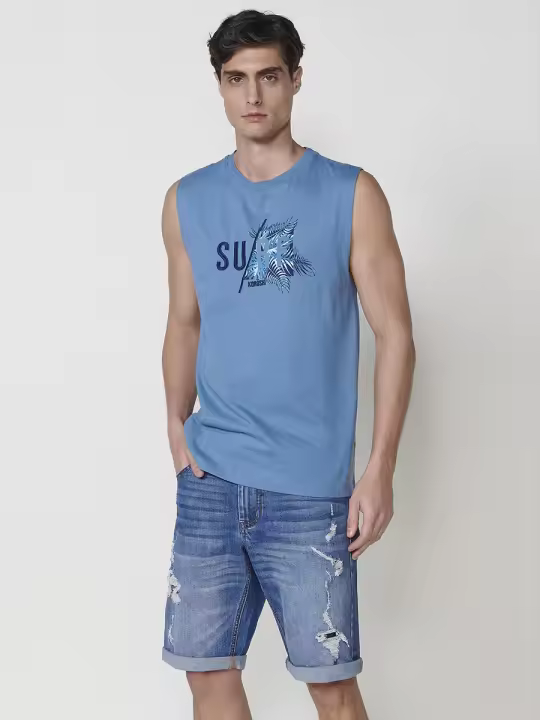 Koroshi - Camiseta sin mangas para hombre estilo boxing con estampado surf tropical en algodón 100%, azul - 1