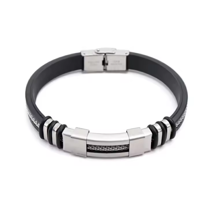 Pulsera De Silicona Punk Trendy Impermeable Para Hombre Con Diseño De Grooved Rudder Pulsera De Acero Inoxidable Casual Black Wristband - 1