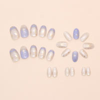 24PCS Uñas Postizas De Presión Con Diseño De Lunas Y Estrellas Glitter Francesa Uñas Cuadradas Cortas Azules Decoradas Con Adhesivo - details 2
