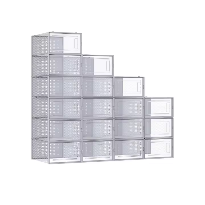 SONGMICS Cajas de Zapatos Plástico, Juego de 18 Organizadores de Almacenamiento, Caja Zapatero Plástico Plegable y Apilable para Zapatillas hasta talla 44, Transparente y Azul Carbón/Transparente y Beige Avena/Transparente y Negro/Transparente y Verde Lau - 1