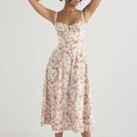 Vestido De Playa Para Mujer Con Estampado Floral Cuello Cuadrado Ajuste Frontal Y Abertura En Pierna Midi Polyester Sin Mangas Vestido De Noche - details 52