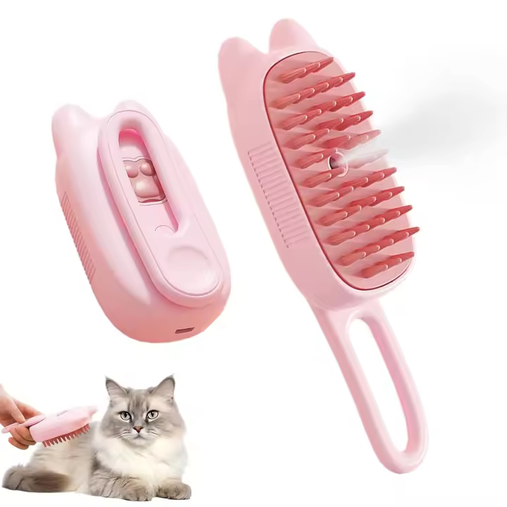 Cepillo de vapor para gatos que mudan el pelo, cepillo de vapor 3 en 1 para mascotas, cepillos de masaje de silicona para perros de pelo largo o corto (rosa) - 1