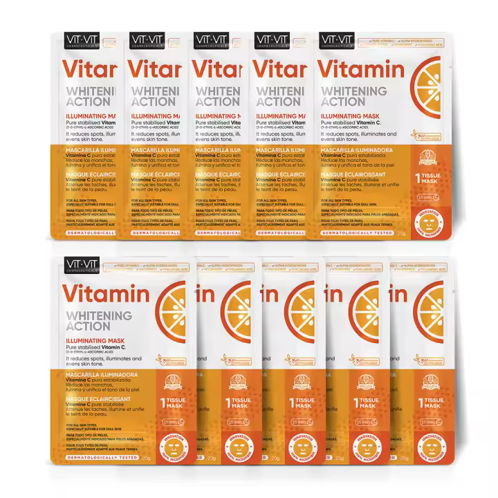 Mascarilla Facial Iluminadora e hidratante con Vitamina C, Ácido Hialurónico, Niacinamida (Vitamina B3). Mascarilla Facial Hidratante que Reduce las Manchas de la Piel. Mascarillas Faciales Vitamina C Pack de 10 und. Vit Vit Cosmeceuticals  Diet Esthetic - 1