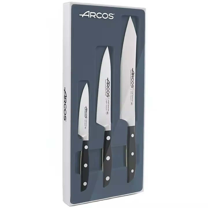 ARCOS Manhattan - Set de 3 Cuchillos (100 / 150 / 190 mm) - Hoja de Acero Inoxidable Forjado Nitrum® - Mango de Polioximetileno (POM) Negro - Estuche Regalo - 1