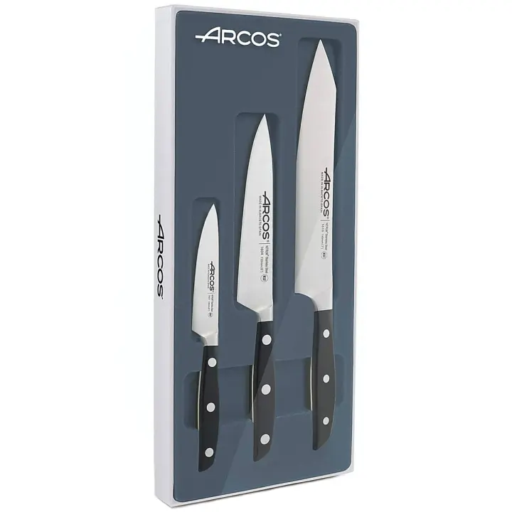 ARCOS Manhattan - Set de 3 Cuchillos (100 / 150 / 190 mm) - Hoja de Acero Inoxidable Forjado Nitrum® - Mango de Polioximetileno (POM) Negro - Estuche Regalo - 1