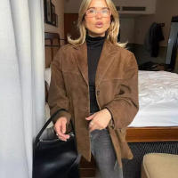 Chaqueta De Cuero Seda Vintage Para Mujer ZBZA Marrón Cuello Redondo Manga Larga Con Bolsillos Cierre Simple Estilo Casual Otoño Invierno - details 6