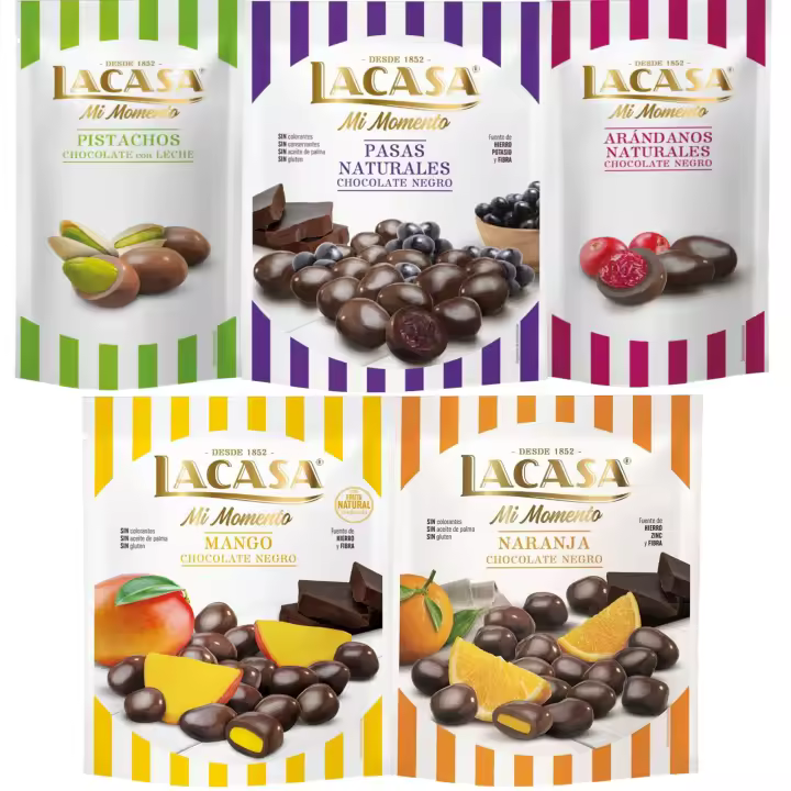 Lacasa Mi Momento pack de 5:Arándano choco Negro 60G,Pistacho Leche 50G,Pasas choco Negro 150G,Naranja choco Negro 125G,Mango choco Negro 115G - 1