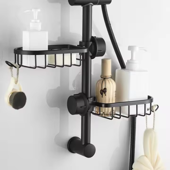 2x Estante de Ducha Sin Taladrar de Acero Inoxidable, T-Audace Estante de Baño Telescópico de Acero Inoxidable Negro, Estante de Soporte de Ducha, Barra de Ducha con Jabonera, Organizador de Ducha para Champú - 1