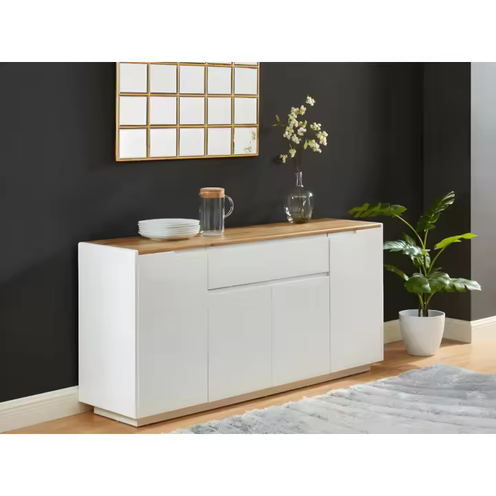 Vente-unique - Aparador AMANI - 4 puertas y 1 cajón - MDF lacado blanco - Color: blanco y roble - 1