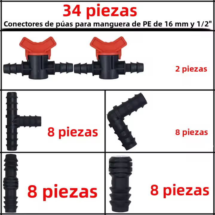 Kit De Conexiones Para Riego Por Drip 34Pcs 1/2" Incluye Tornillo Recto Elbordo Y Plug Para Tubería De 16mm Herramienta Para Jardín - 1
