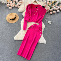 Conjunto De Ropa De Mujer REALEFT Otoño Invierno 3 Piezas Traje De Tejido Knitted Cardigan De Botón Sencillo Y Tops Falda Elegante Para Oficina - details 3