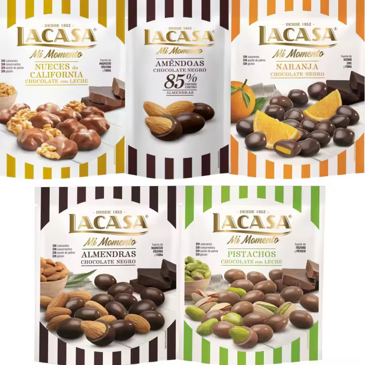 Lacasa Mi Momento pack de 5:Almendra 85% 65G,Nueces Leche 115G,Almendra choco Negro 125G,Naranja choco Negro 125G,Pistacho Leche 100G - 1