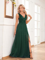 Vestido De Noche Para Mujer Brillante Chiffon Con Manga Doble V a Line Largo Hasta El Suelo Fiesta Vestido Con Abertura Lateral - details 1