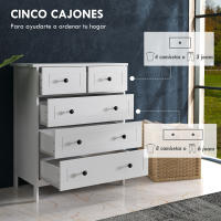 HOMCOM Cajonera de Dormitorio Cómoda Blanca de 5 Cajones con Manijas Cajonera Alta para Salón Oficina Estudio Estilo Moderno 74x40x91 cm - details 4