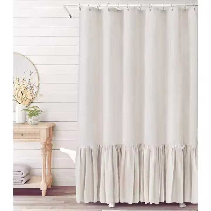 Cortina de ducha de 183 x 183 cm, estilo rústico beige, con dobladillo con volantes, mezcla de lino natural. - 1