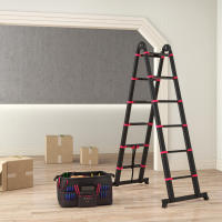 HOMCOM Escalera de Aluminio Plegable 2 Formas de Uso Retráctil Portátil Escalera Telescópica 12 Escalones Antideslizantes Carga 150 kg 379x67,5x11 cm Negro y Rojo - details 2