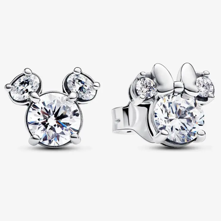Pandora Pendientes de Botón en Plata de Ley Pendientes brillantes de Mickey Mouse y Minnie Mouse de Disney，Incluye Caja Original - 1