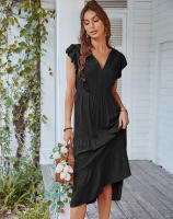 Vestido Largo Medio De Verano Para Mujer Con Manga Volante Y Cuello V Estilo Casual Suelto A-Line Sin Capucha Material Viscosa Y Poliéster - details 23