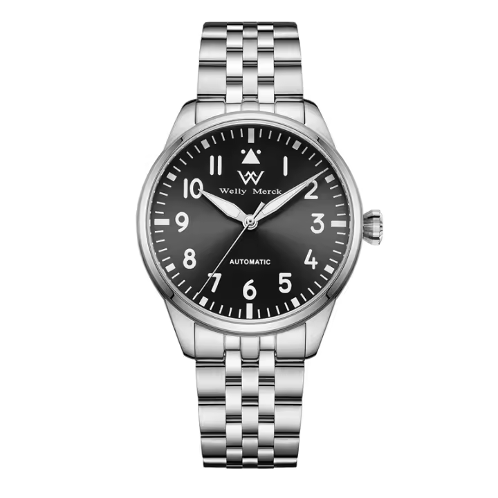 Reloj De Diversión WM Watch Welly Merck WM165 Para Hombre Resistente Al Agua 200M Serie Piloto Mecánico Automático Con Cristal De Zafiro Marcas Arábigas Acero Inoxidable - 1