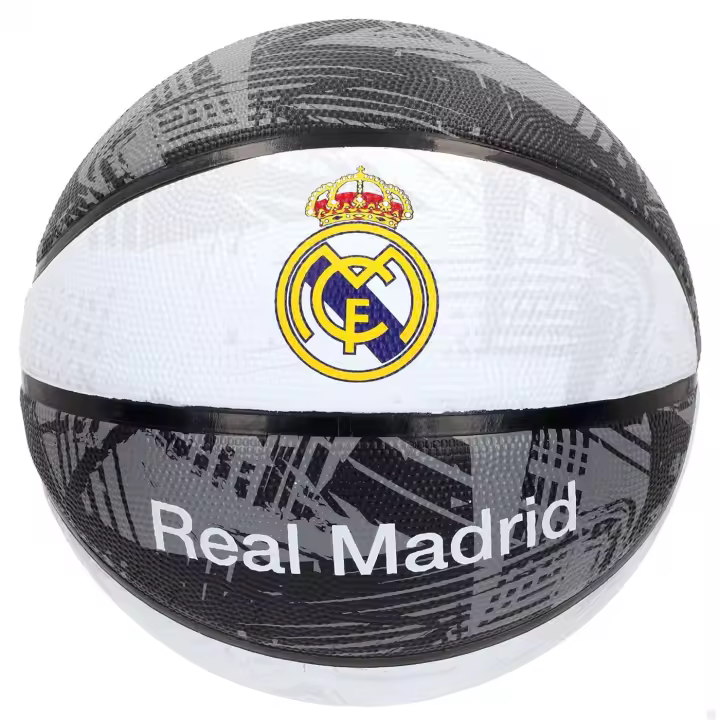 Real Madrid Balón con Escudo Blanco y Negro, Balón de Baloncesto Producto Oficial Real Madrid CF, Balón de Basketball Ball Grande Talla 7 Ø24cm, Regalo Cumpleaños, Navidad, Reyes , Se envía 1 Balón de Real Madrid (DESINFLADO) - 1