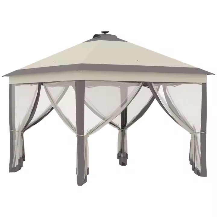 Outsunny Carpa Plegable con Luces LED 3,3x3,3 m Cenador de Jardín con Control Remoto 4 Paredes Laterales de Malla Altura Ajustable y Bolsa de Transporte para Patio Fiestas Beige - 1