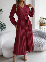 Vestido Elegante De Mujer Con Botones Y Cuello En V Manga Larga Plegado Con Cierre De Lazo Estilo Casual A-Line Para Primavera/Otoño - details 14