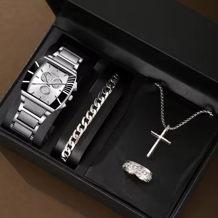 Reloj De Pulsera De Cuarzo Para Hombre Estilo De Negocios Cuadrado Aleación Cruzada De Tres Piezas Resistente Al Agua - 1