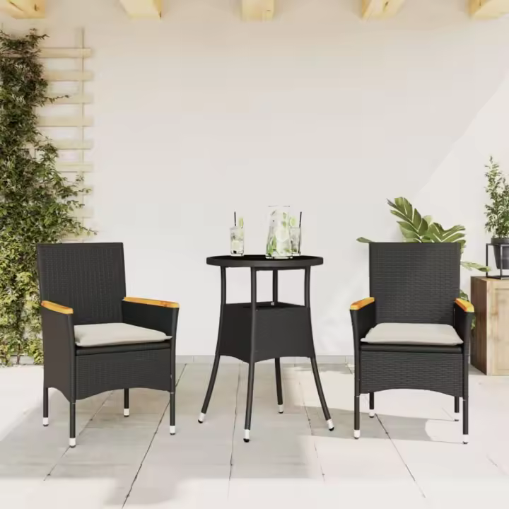 vidaXL Set comedor jardín 3 pzas cojines ratán sintético vidrio en color Negro/Gris/Beige | acolchados duraderos para sofás de jardín terraza exterior - 1