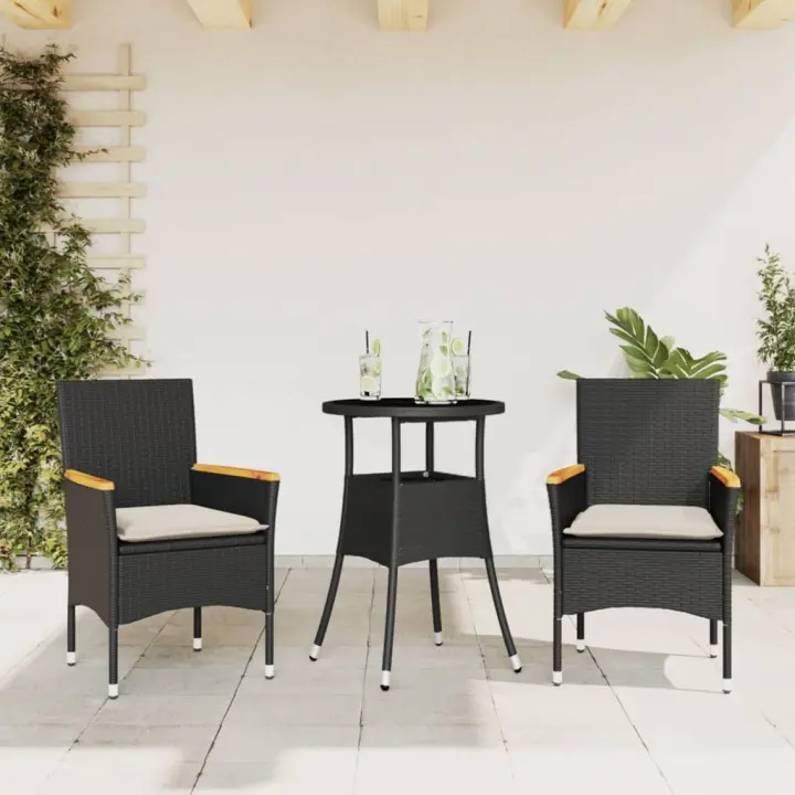 vidaXL Set comedor jardín 3 pzas cojines ratán sintético vidrio en color Negro/Gris/Beige | acolchados duraderos para sofás de jardín terraza exterior - 1