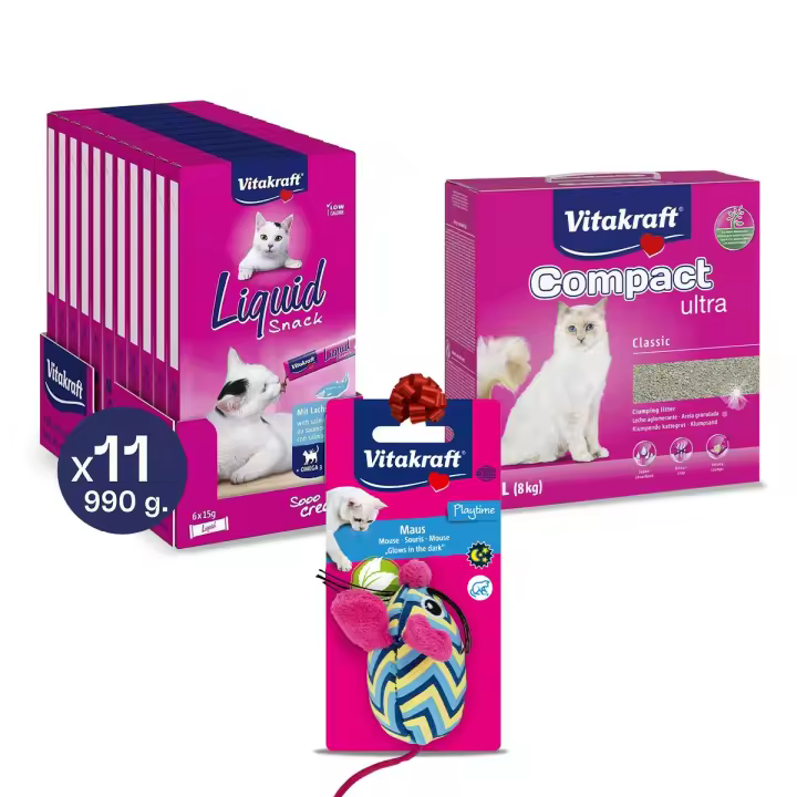 VITAKRAFT - Cat Liquid Snack líquido para gatos Sabor pollo con taurina / salmón con Omega 3 (Pack de 11x90g) + Compact Ultra Arena aglomerante para gatos antiolores fácil de limpiar y ultrabsorbente. 8 Litros (8 kg) + REGALO juguete ratón para gato - 1