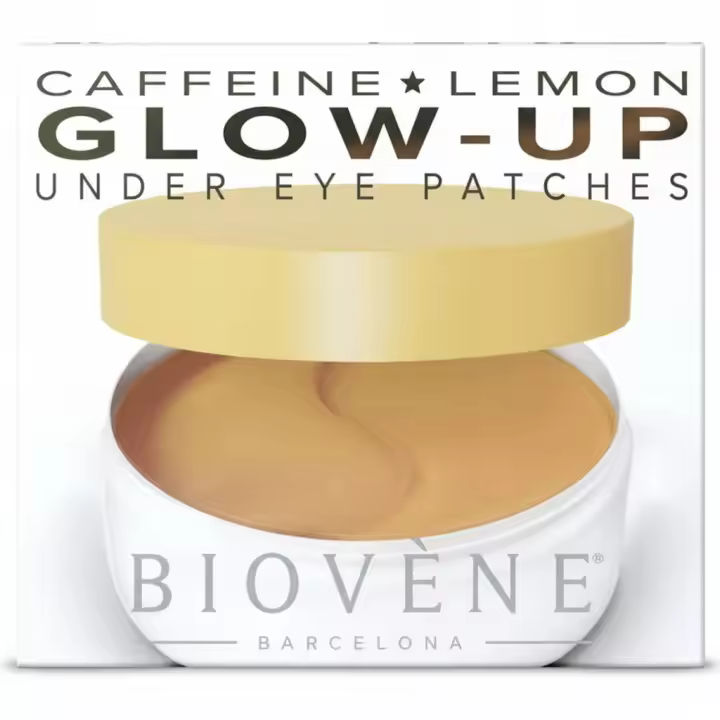 Parches Glow-Up Caffeine Lemon Biovène Barcelona. Tratamiento iluminador con cafeína y limón para ayudar a reducir bolsas y ojeras, aportando efecto refrescante e hidratante. Tarro con 60 parches (30 pares) + espátula. 🚚 Envíos a España 24/48 horas - 1