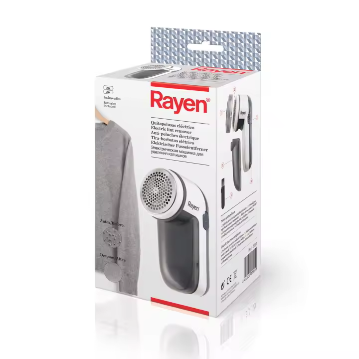 Rayen | Quitapelusas eléctrico | Incluye pilas | Con cubierta protectora de Acrilonitrilo butadieno estireno, Blanco/Gris | Para todo tipo de prendas | Multifuncional | Dimensiones: 13 x 6,8 x 5,8 cm - 1