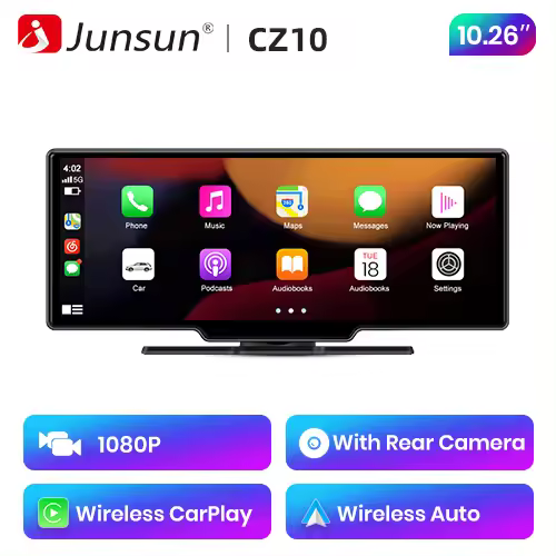 Junsun Cámara de salpicadero inalámbrica Carplay y Android Auto con cámara trasera, DVR, navegación, grabadora de video HD para el tablero de BMW Audi VW - 1